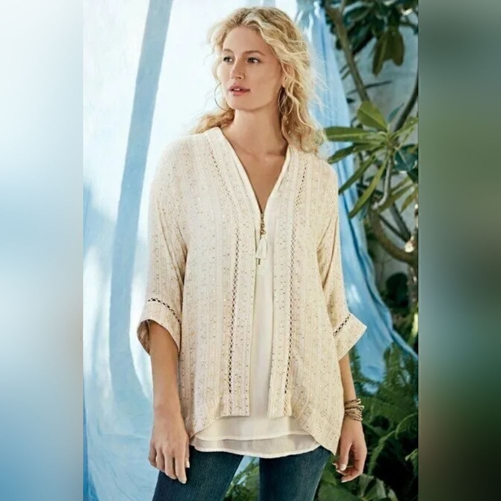 Soft Surroundings Cream Sequin Kimono Cardigan Small